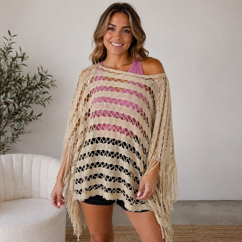 Gena Open Knit Poncho Sweater One Size Beige Gold Fringe Boho Festival Cover Up